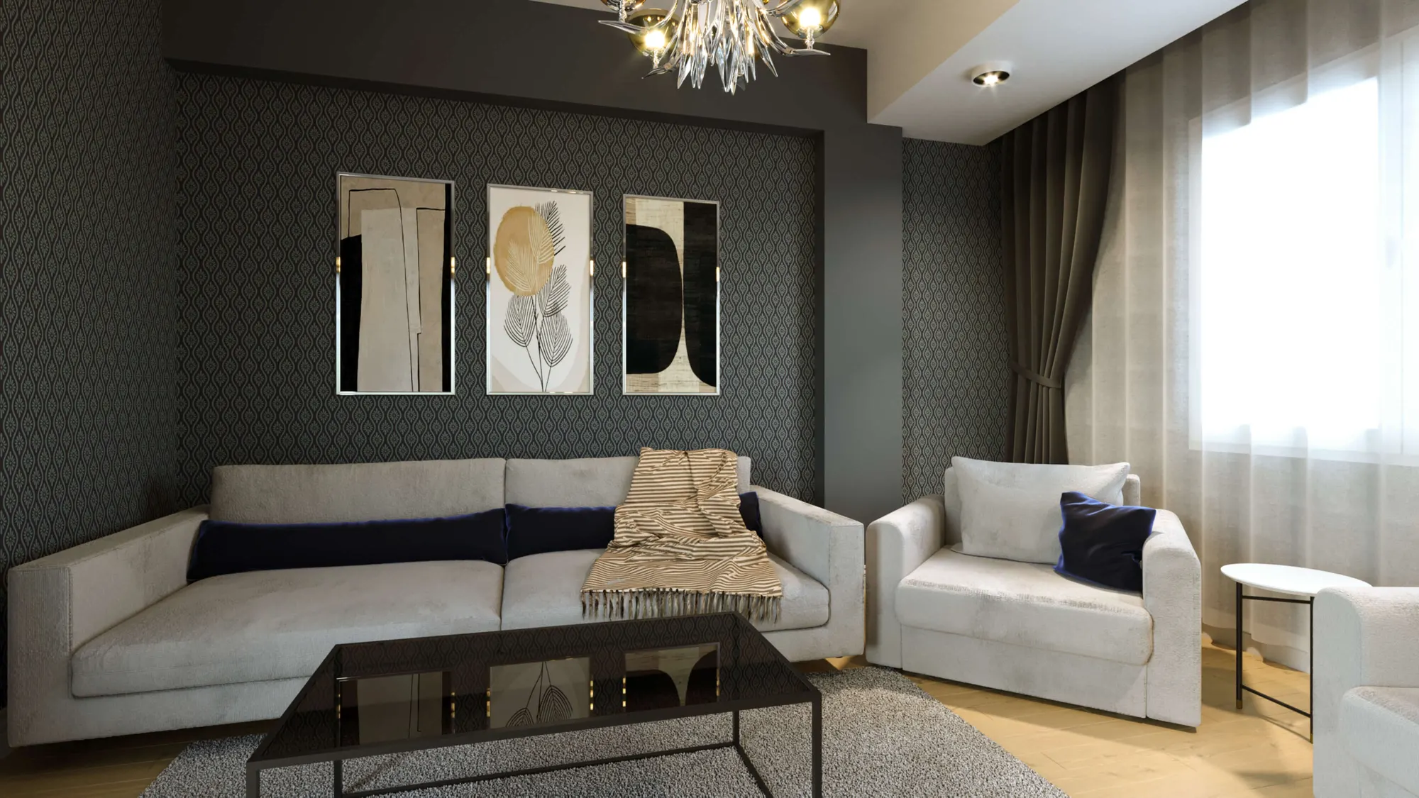 Koyu desenli duvar ve açık renk oturma grubuyla bir salon